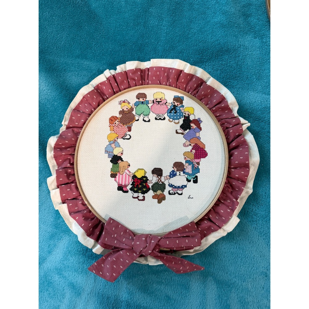 Vintage Handmade Cross Stitch Children Holding Hands Hoop Wall Art Pink Ruffle